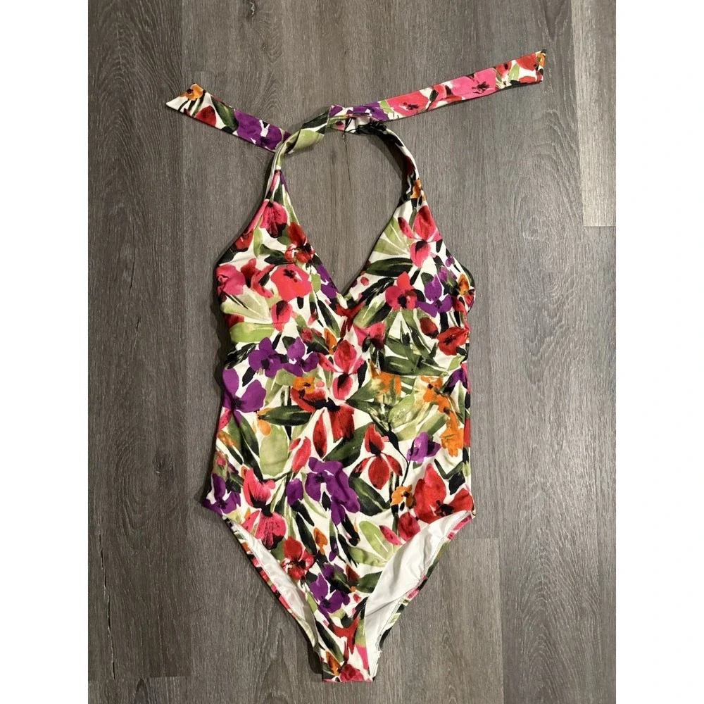 Women's Medium Coverage One Piece Swimsuit L (12-14) Tropical Bathing Suit